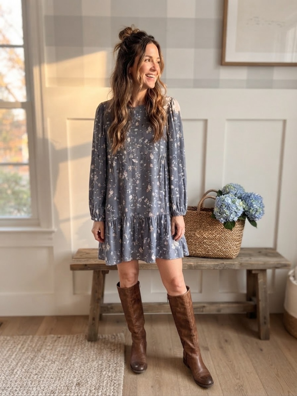 Wilfred Dusty Blue Floral Long-Sleeve Mini Dress Medium